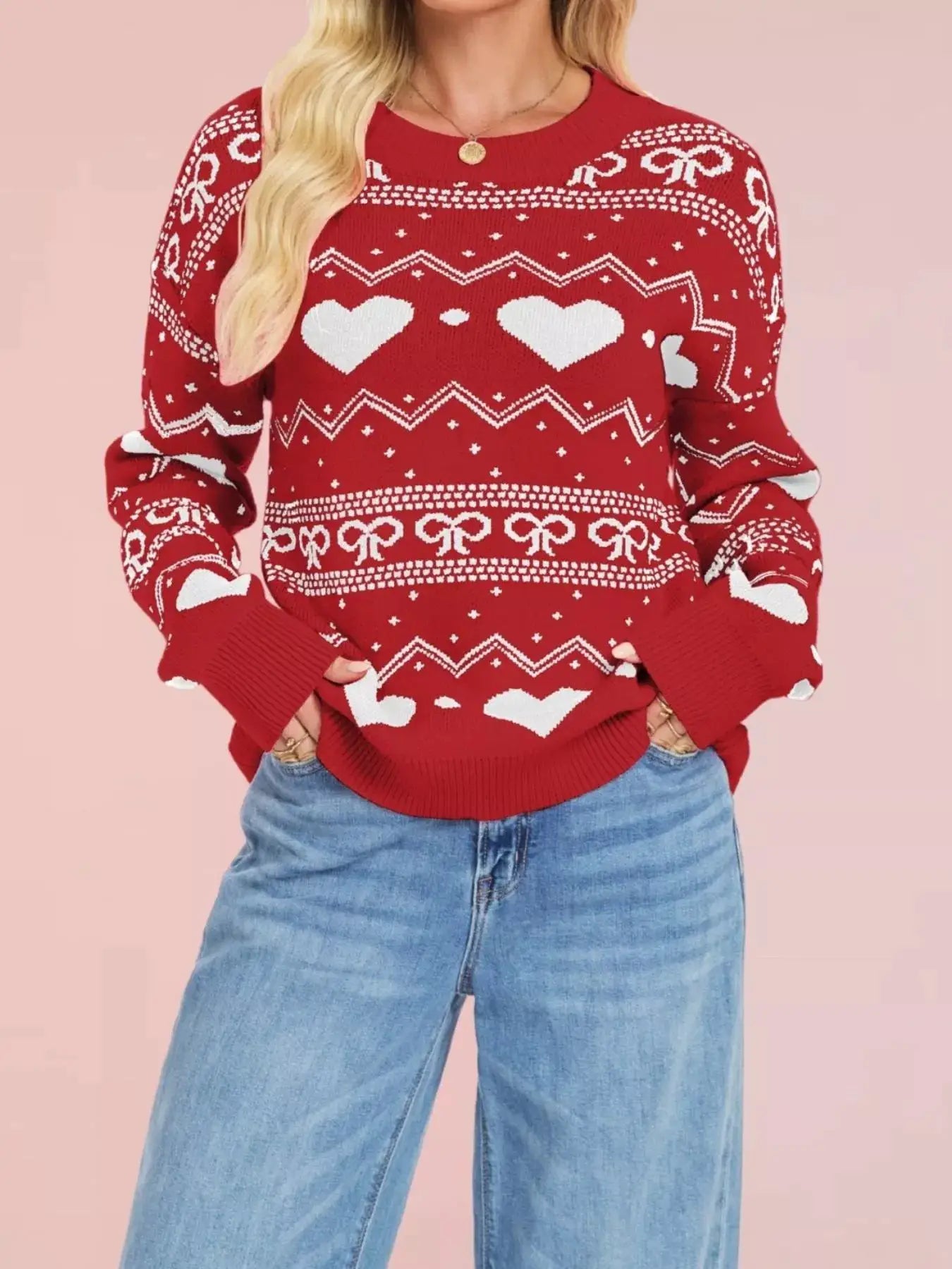 Heart Pattern Dropped Shoulder Sweater by Trendsi