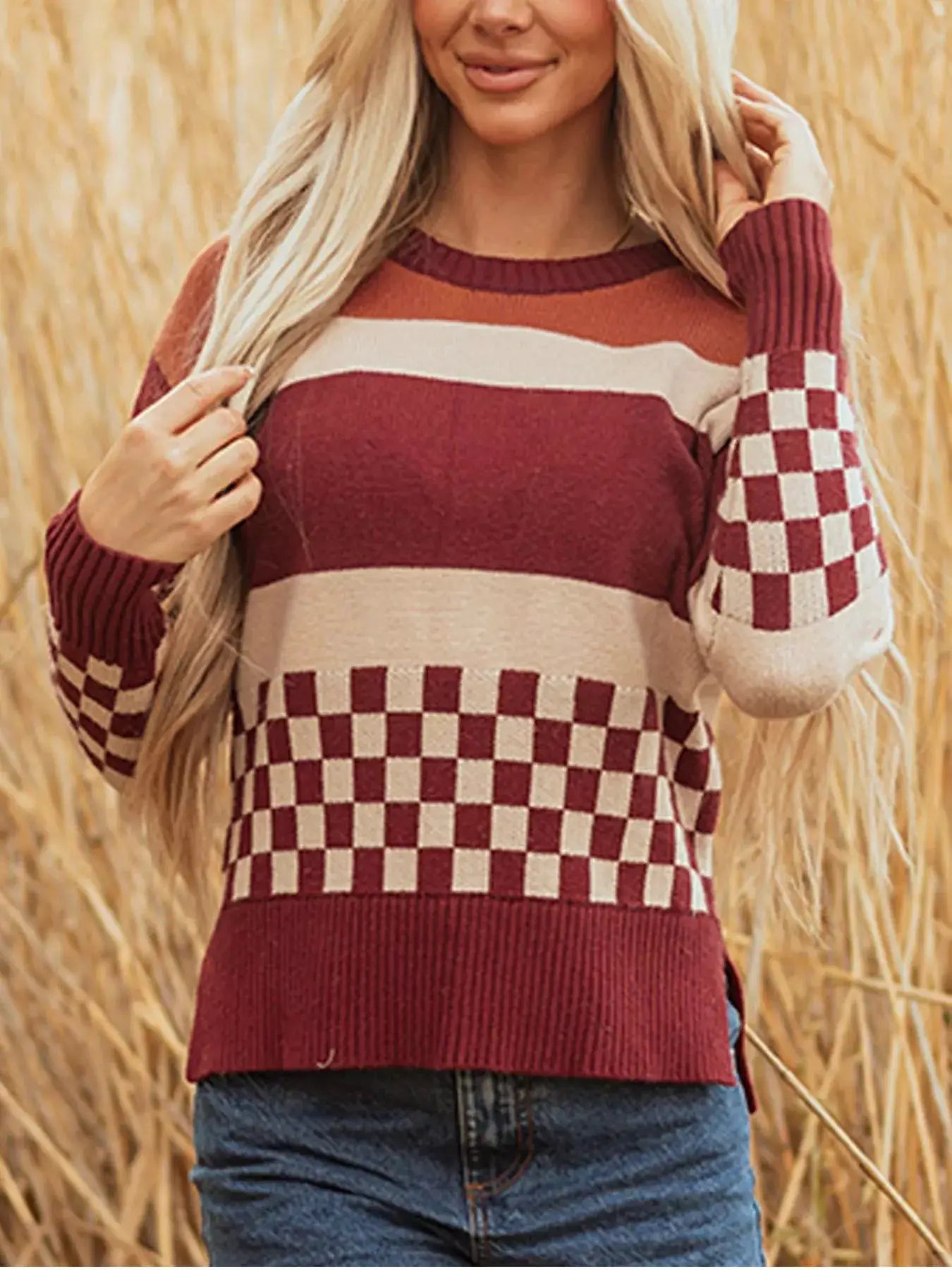 Checkered Color Block Knitted Drop Shoulder Sweater by Trendsi
