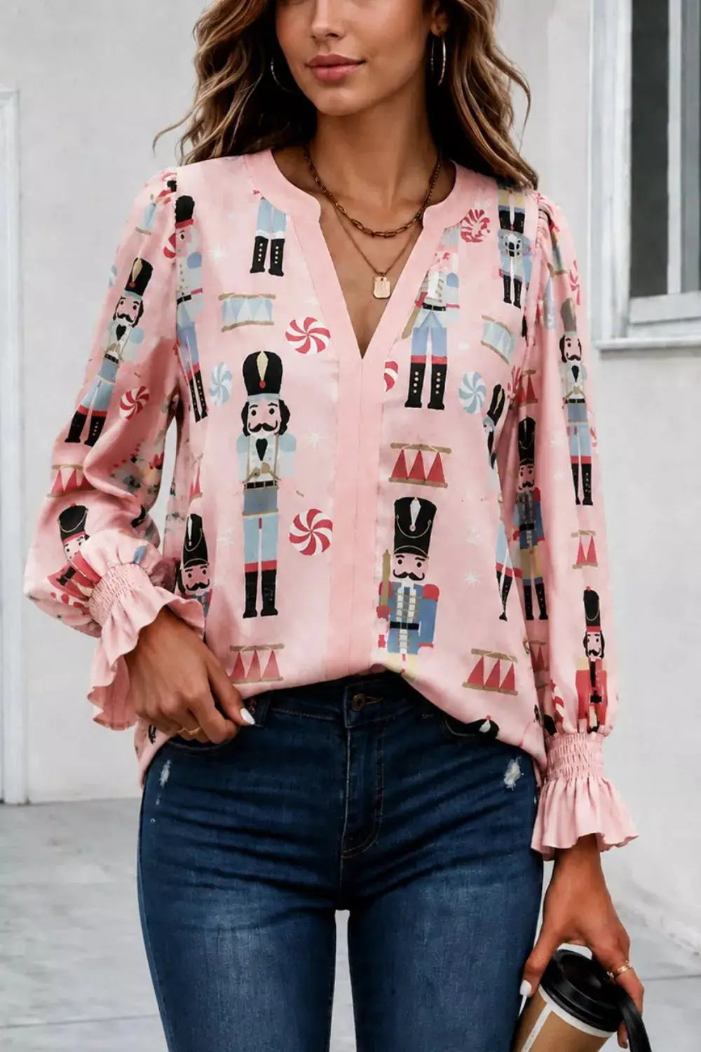 Nutcracker Print Notched Flounce Sleeve Blouse by Trendsi