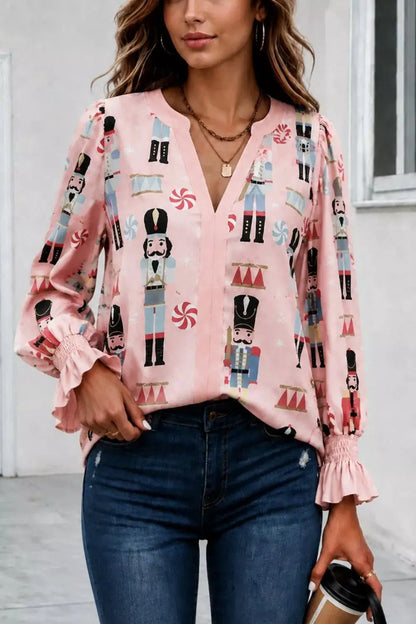 Nutcracker Print Notched Flounce Sleeve Blouse by Trendsi