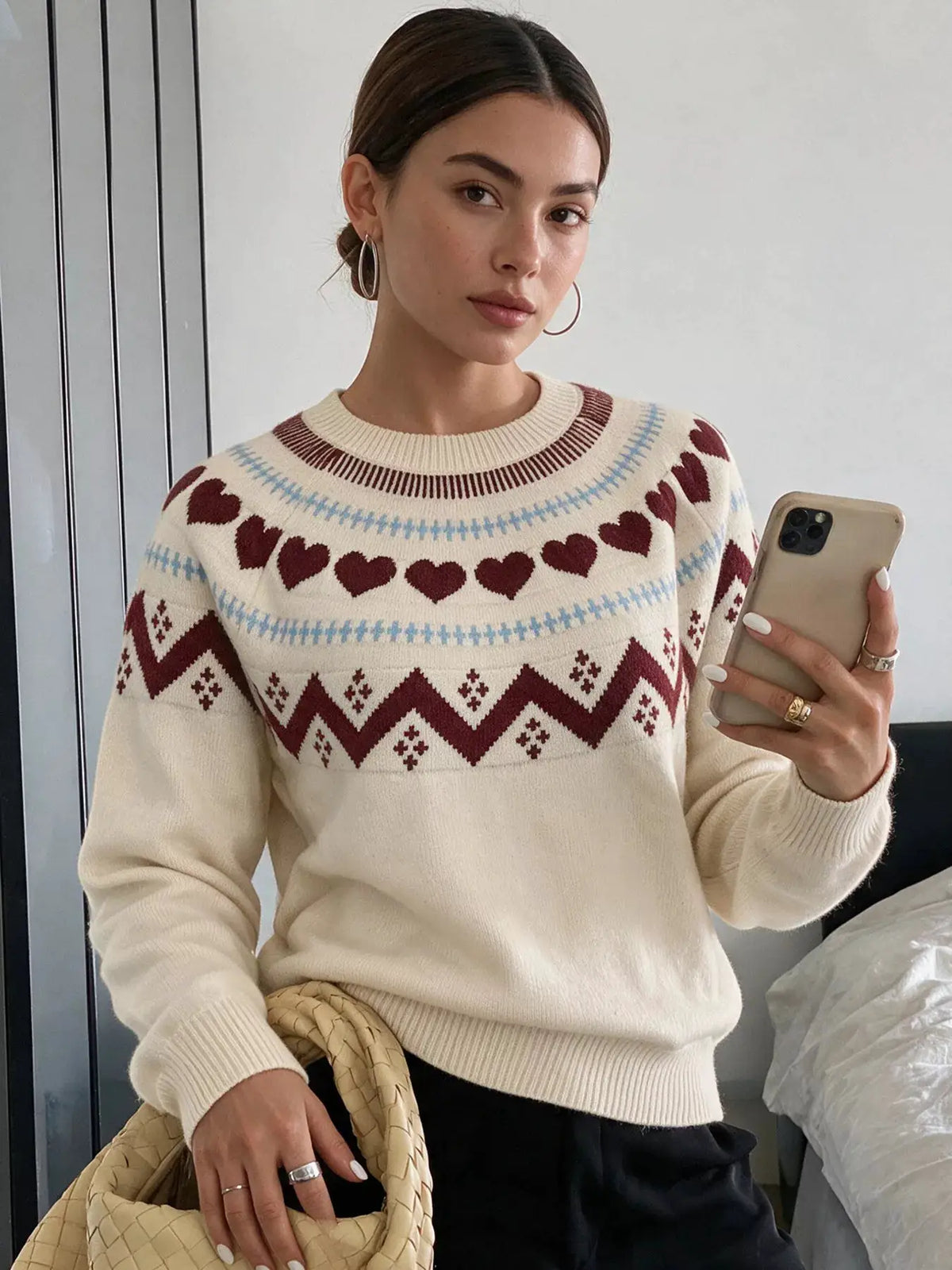 Heart-Patterned Crew Neck Sweater by Trendsi