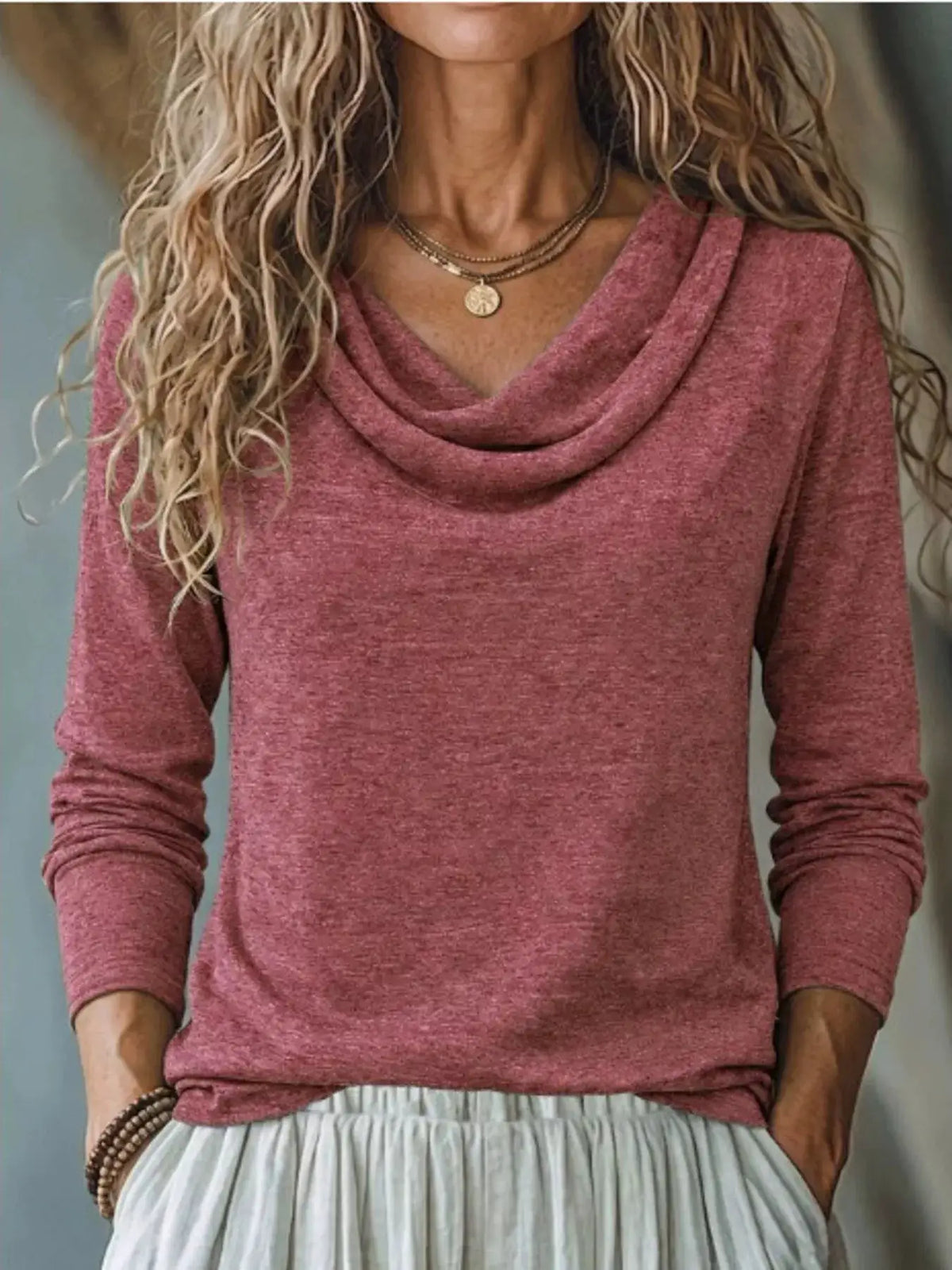 Cowl Neck Long Sleeve T-Shirt by Trendsi