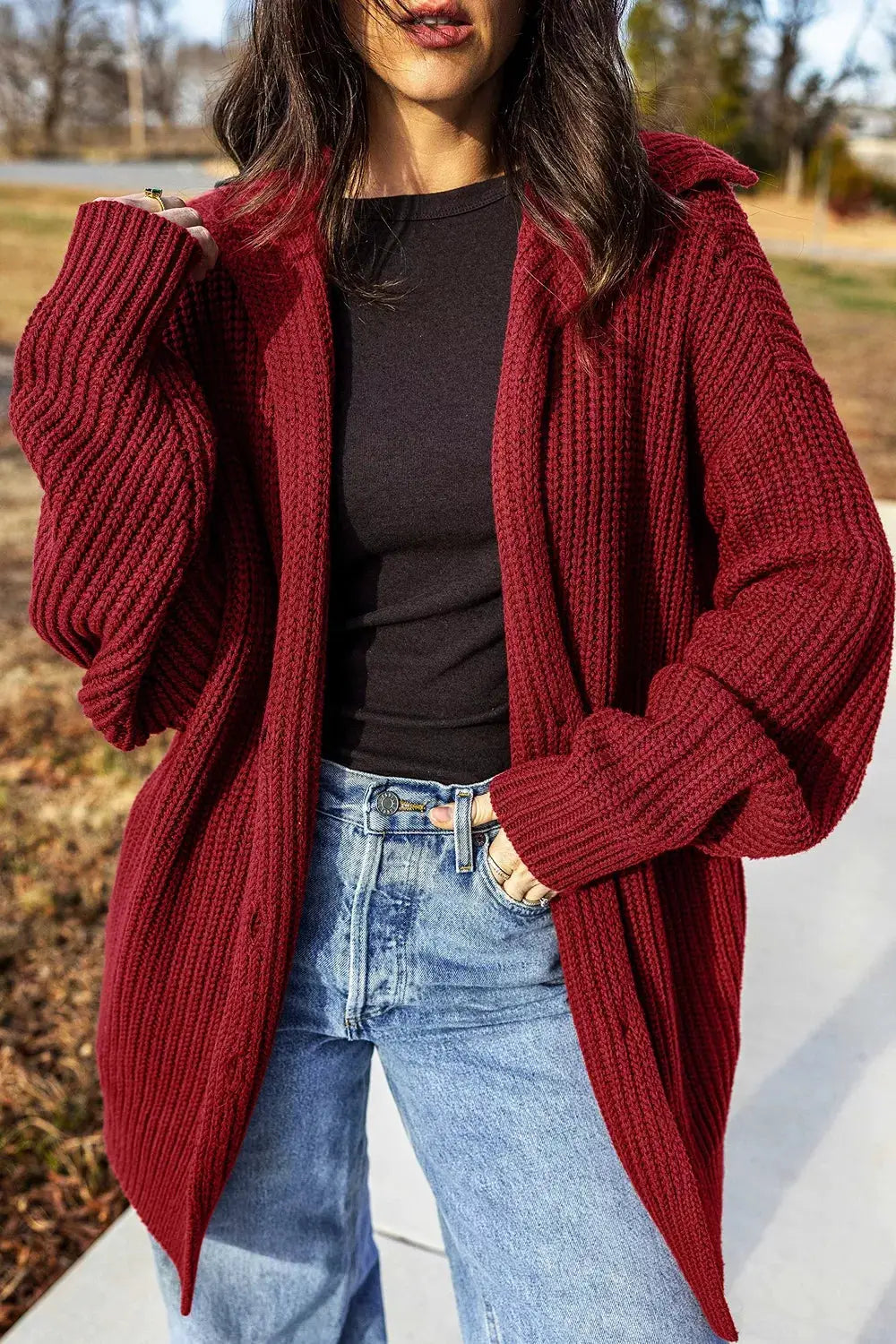 Solid Color Knit Oversized Button Front Sweater Cardigan by Trendsi