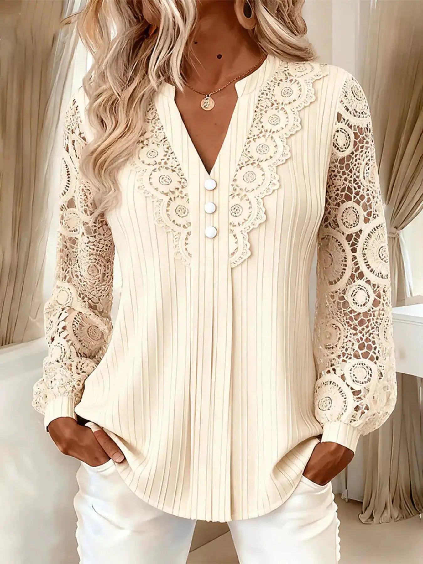 Lace Long Sleeve Notched Blouse by Trendsi