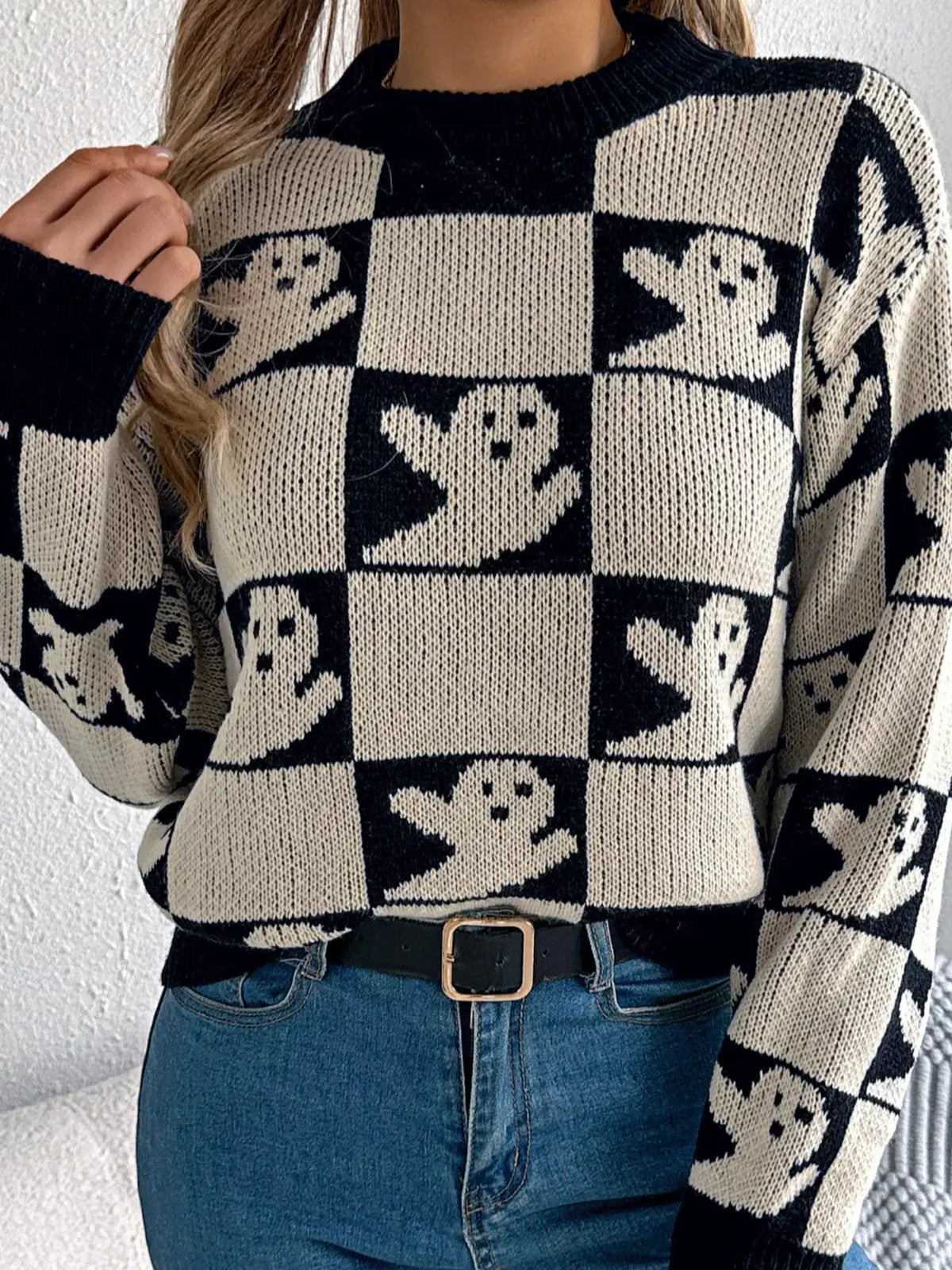 Checkerboard Halloween Graphic Sweater by Trendsi