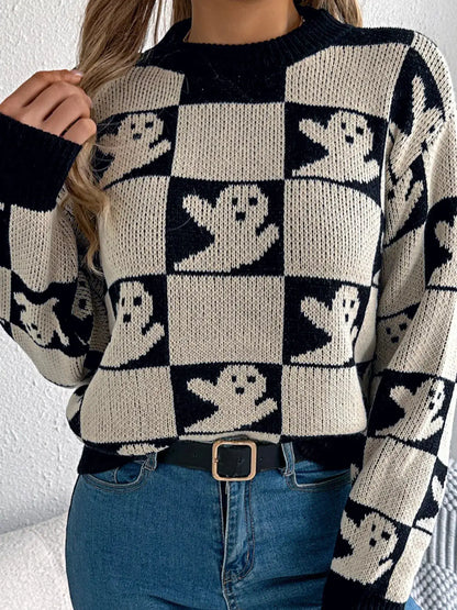 Checkerboard Halloween Graphic Sweater by Trendsi