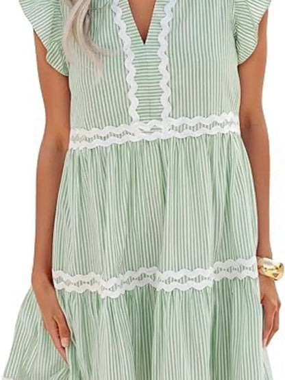 Striped Ruffle Sleeve Tiered Dress by Trendsi