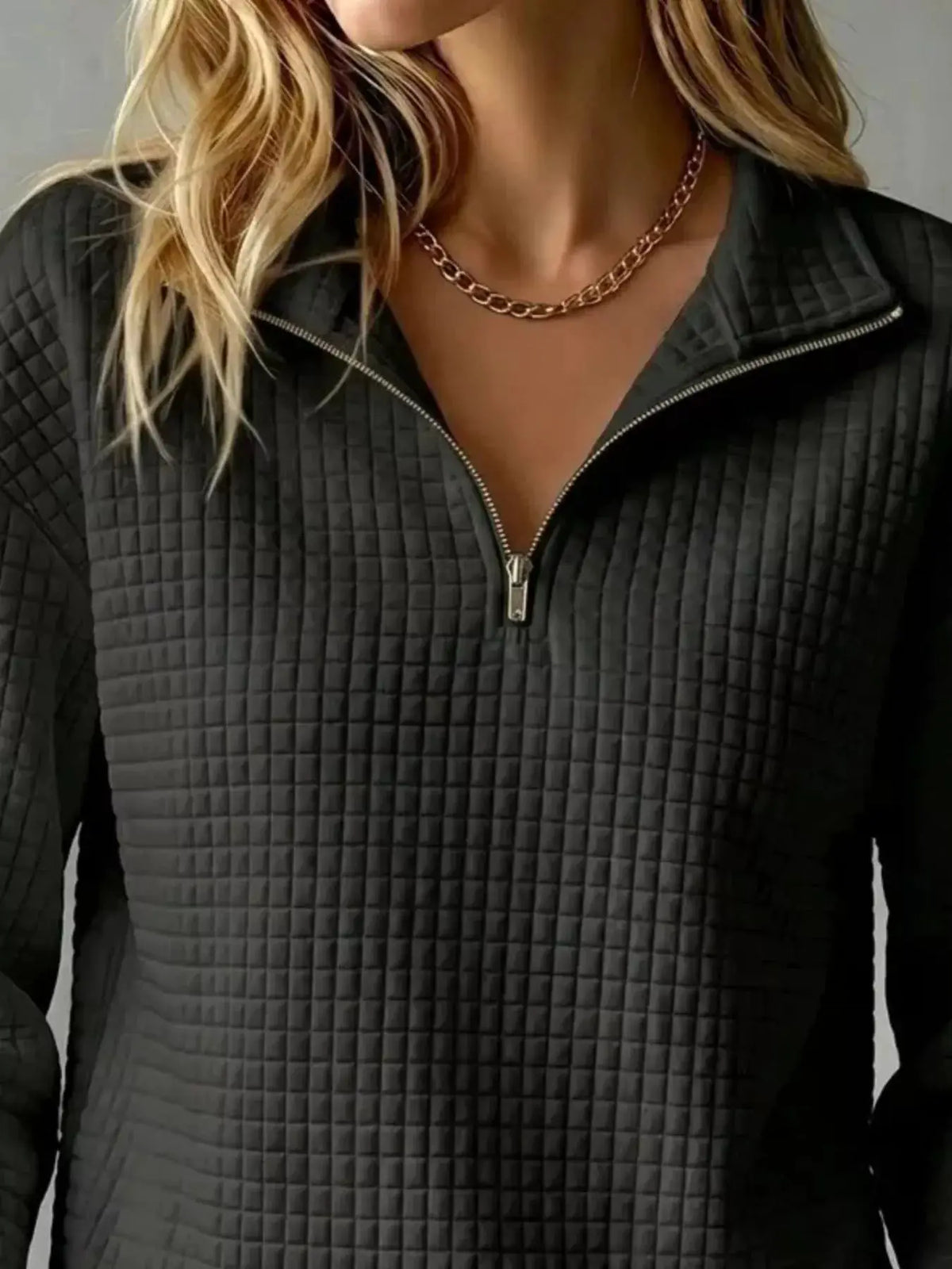 Waffle Knit Quarter-Zip Sweatshirt by Trendsi