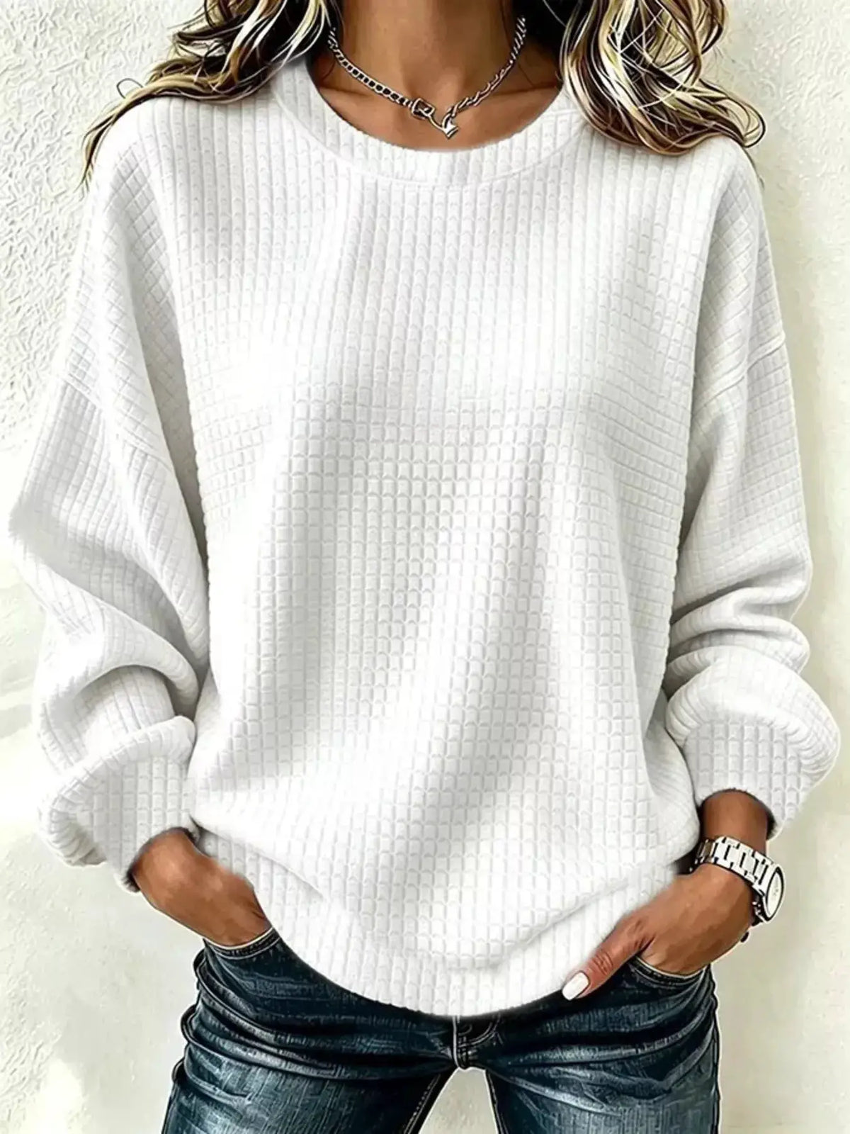 Full Size Textured Crew Neck Long Sleeve Sweatshirt Plus Size by Trendsi