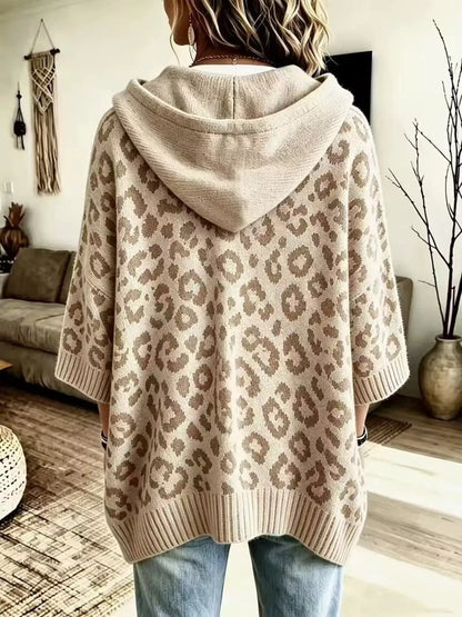 Drawstring Leopard Hooded Sweater by Trendsi