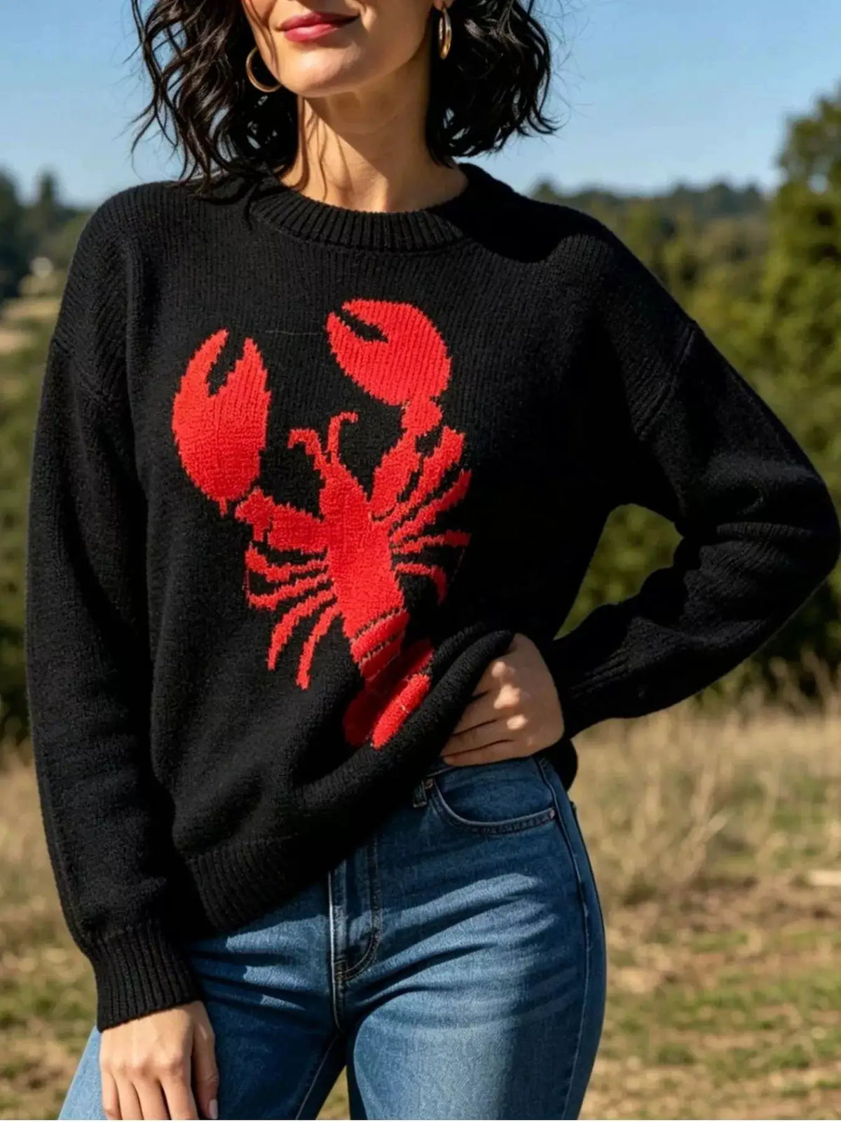 Lobster Graphic Crew Neck Sweater by Trendsi
