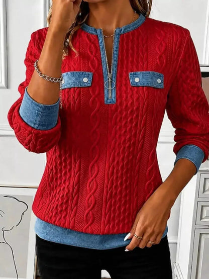 Full Size Denim Contrast Trim Quarter Zip Texture Sweatshirt Plus Size by Trendsi