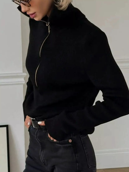 Ribbed Knit Quarter-Zip Sweater by Trendsi