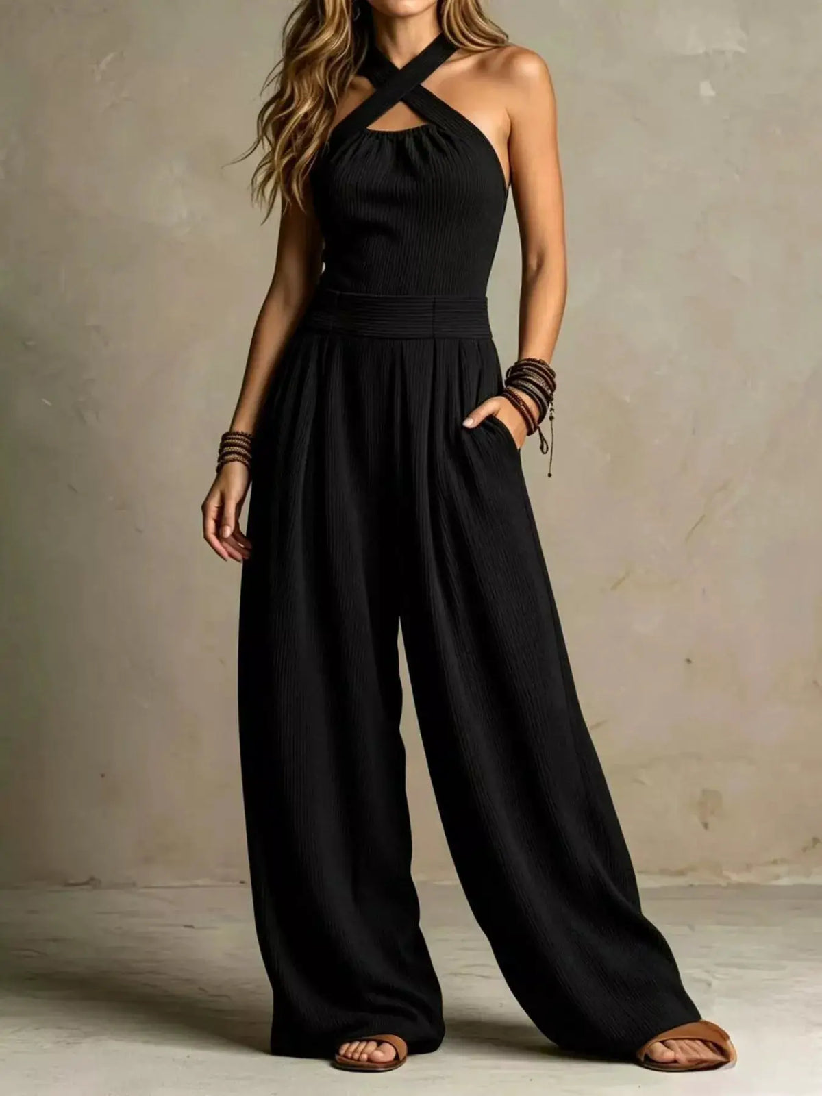 Full Size Halter Neck Wide-Leg Jumpsuit Plus Size by Trendsi