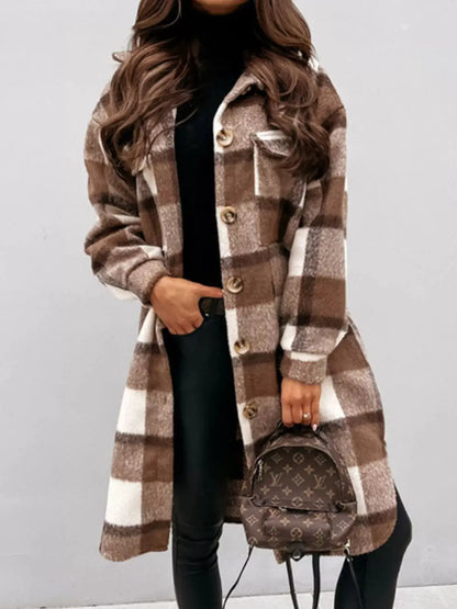 Longline Plaid Button Up Coat by Trendsi