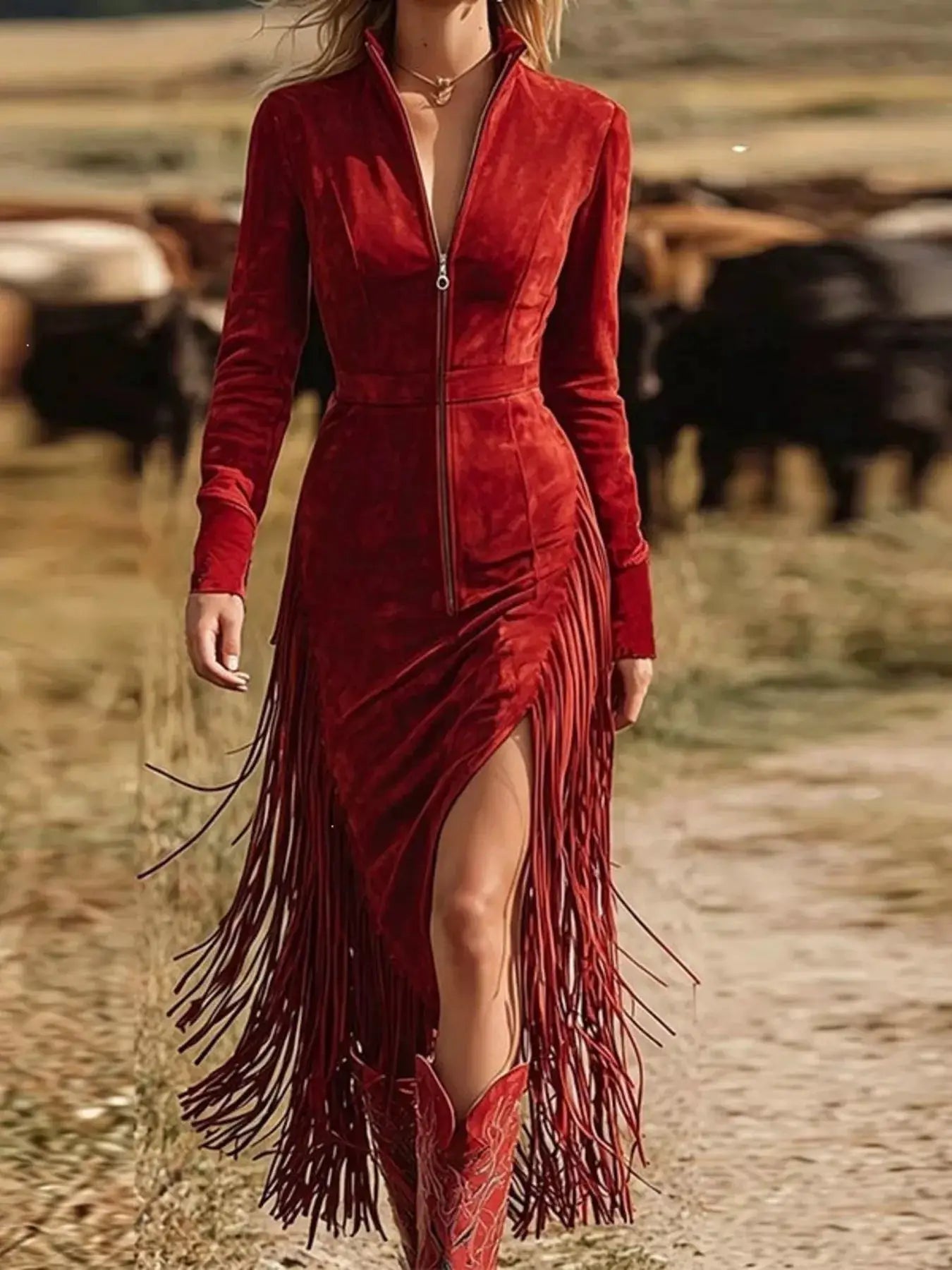 Fringe Zip-Front Midi Dress by Trendsi