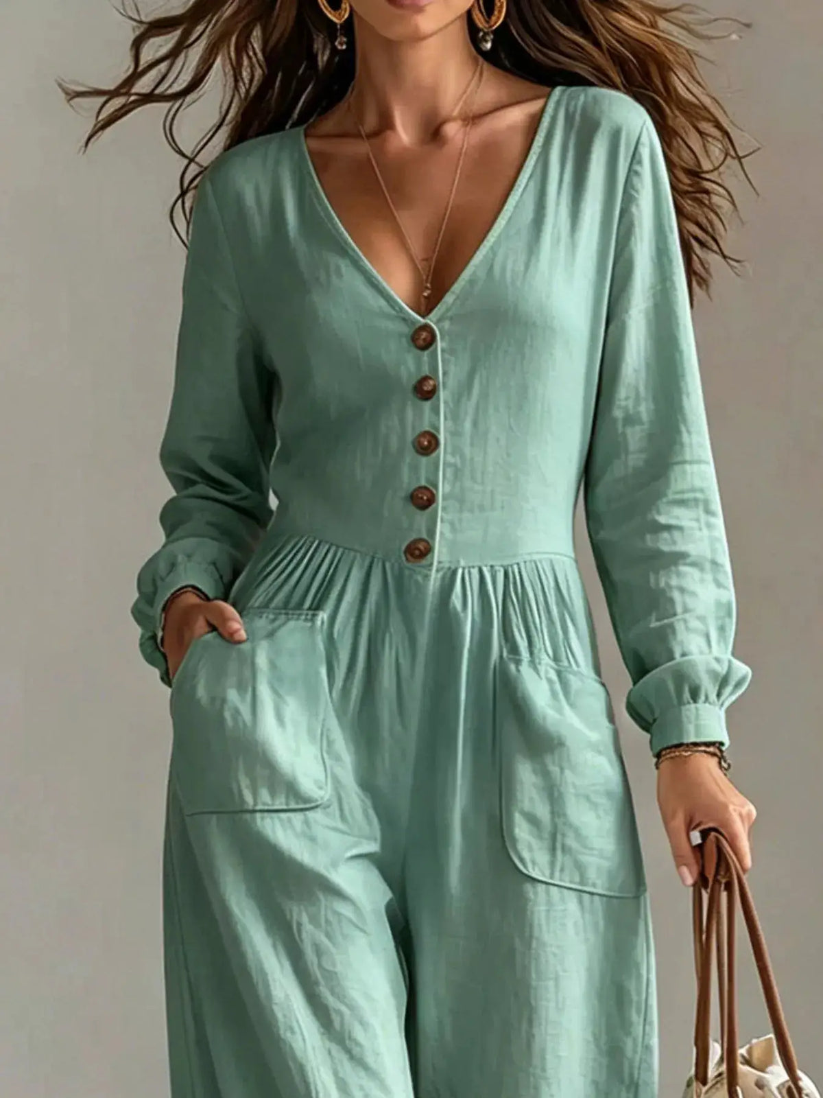V-Neck Long Sleeve Button-Down Wide Leg Jumpsuit by Trendsi