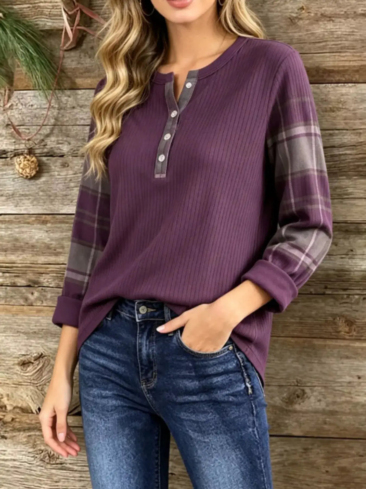 Full Size Ribbed Knit Henley T-Shirt with Plaid Contrast Sleeves Plus Size by Trendsi