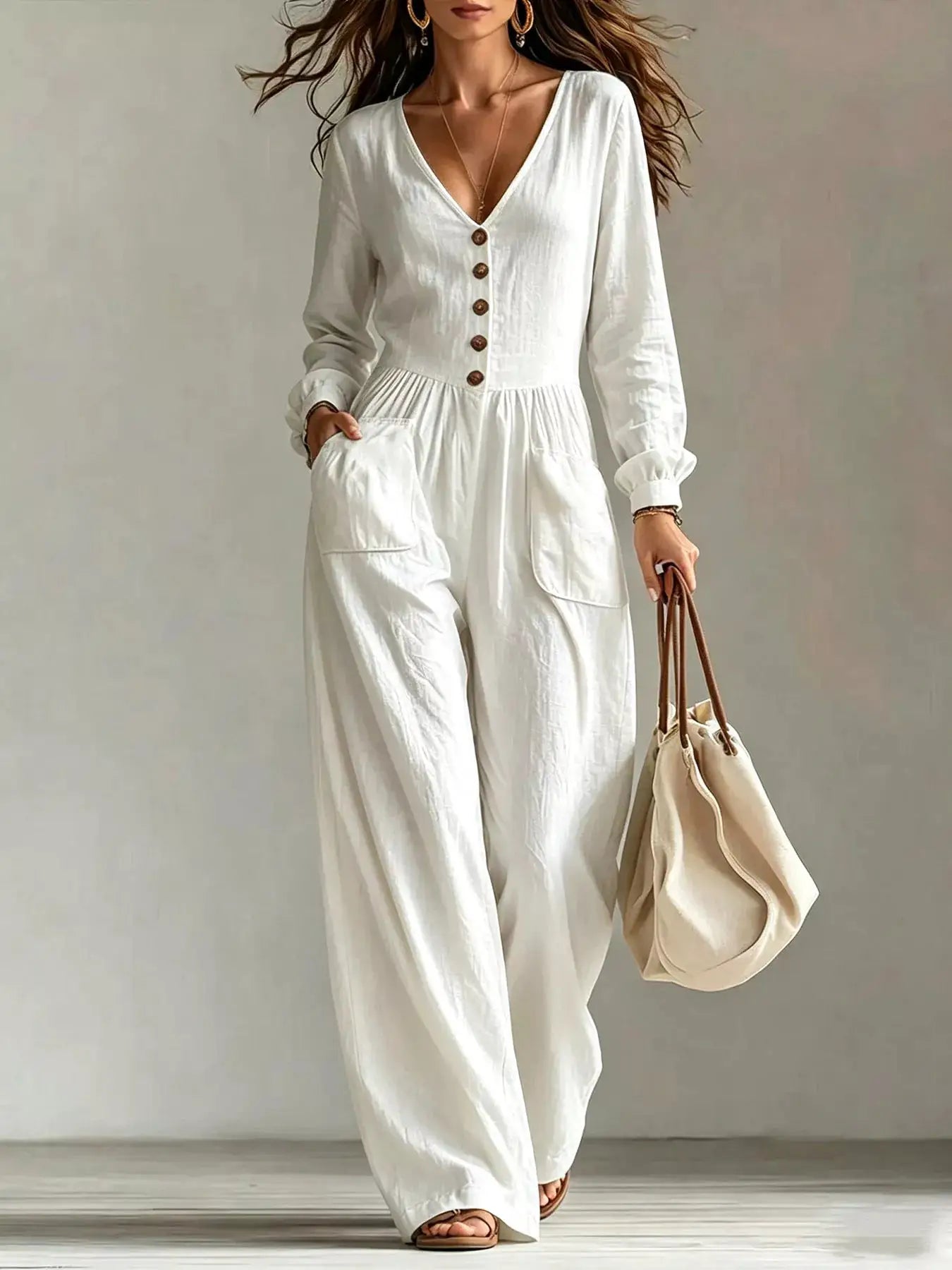 V-Neck Long Sleeve Button-Down Wide Leg Jumpsuit by Trendsi