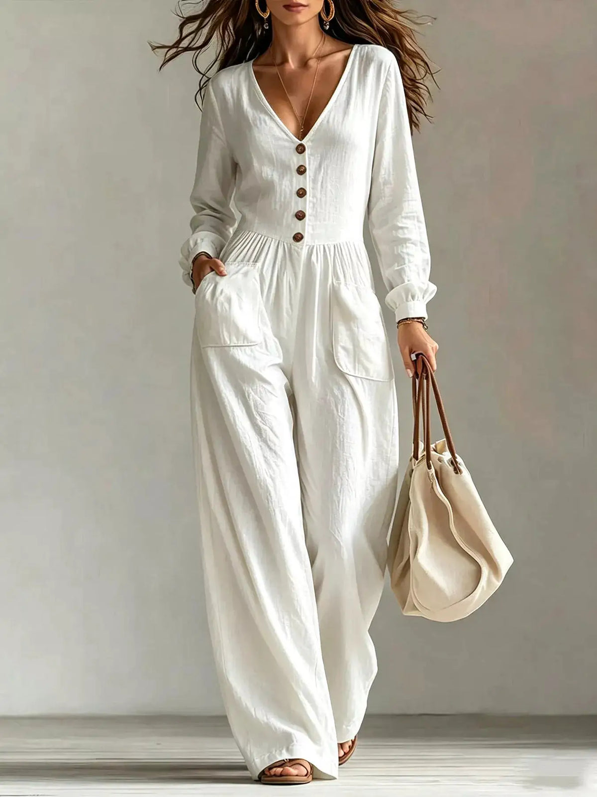 V-Neck Long Sleeve Button-Down Wide Leg Jumpsuit by Trendsi