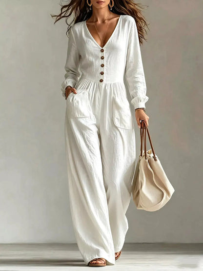 V-Neck Long Sleeve Button-Down Wide Leg Jumpsuit by Trendsi