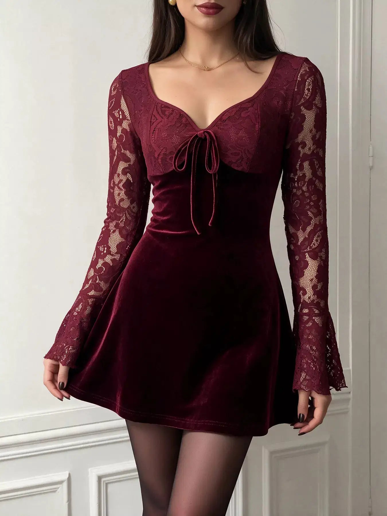 Lace Flare Sleeve Mini Dress by Trendsi