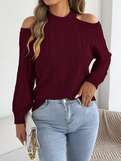 Cold Shoulder Cable Knit Sweater by Trendsi