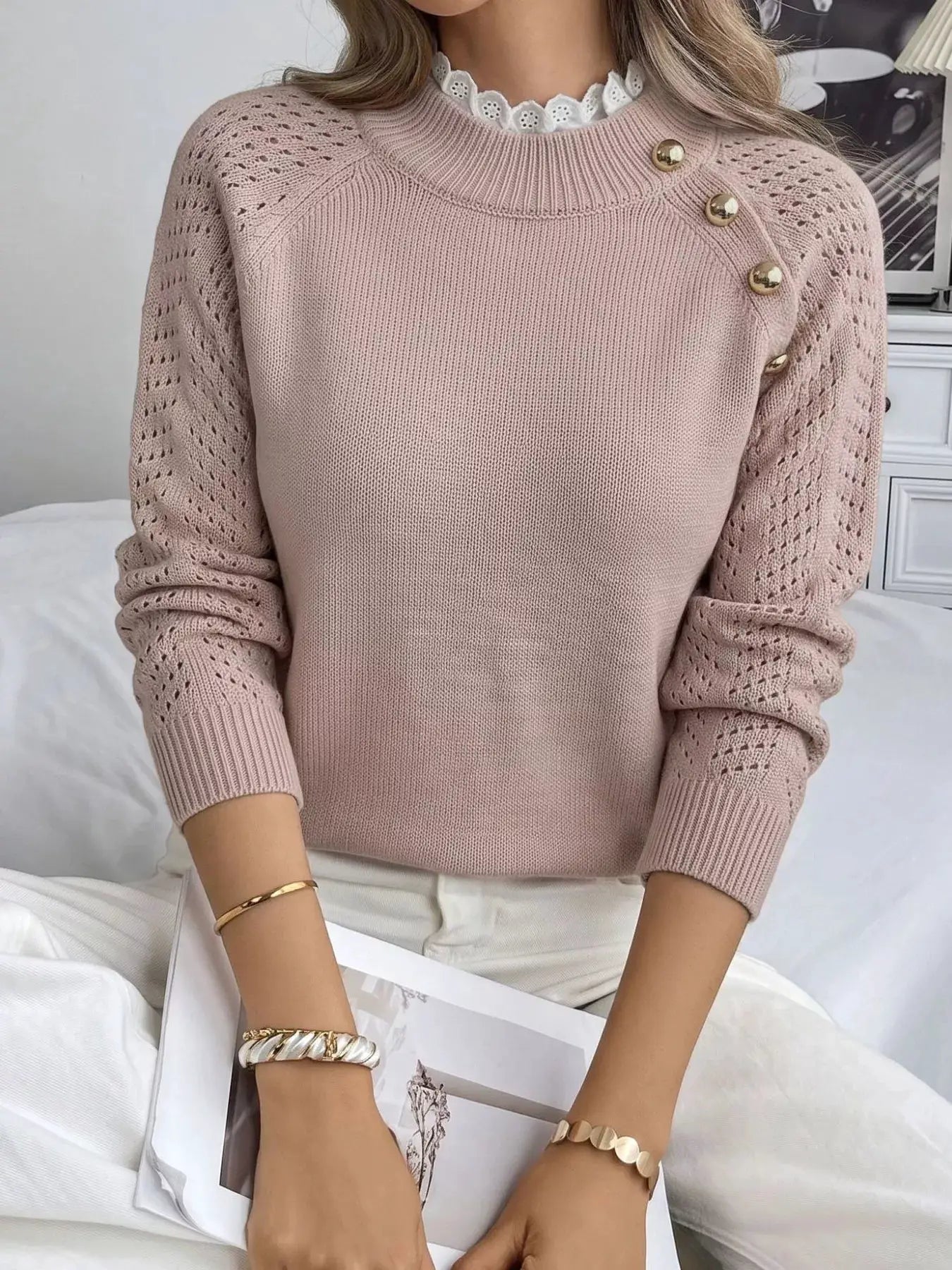 Openwork Mock Neck Sweater by Trendsi