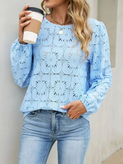 Floral Eyelet Lace Long Sleeve Blouse by Trendsi