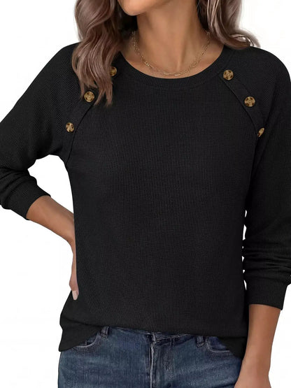 Decorative Button Waffle Knit Long Sleeve T-Shirt by Trendsi