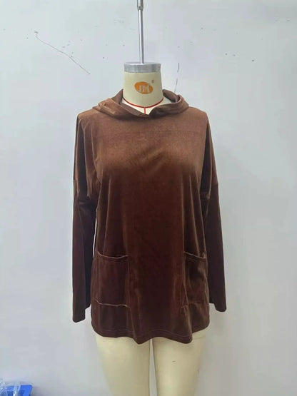 Velvet Front Pockets Hoodie by Trendsi