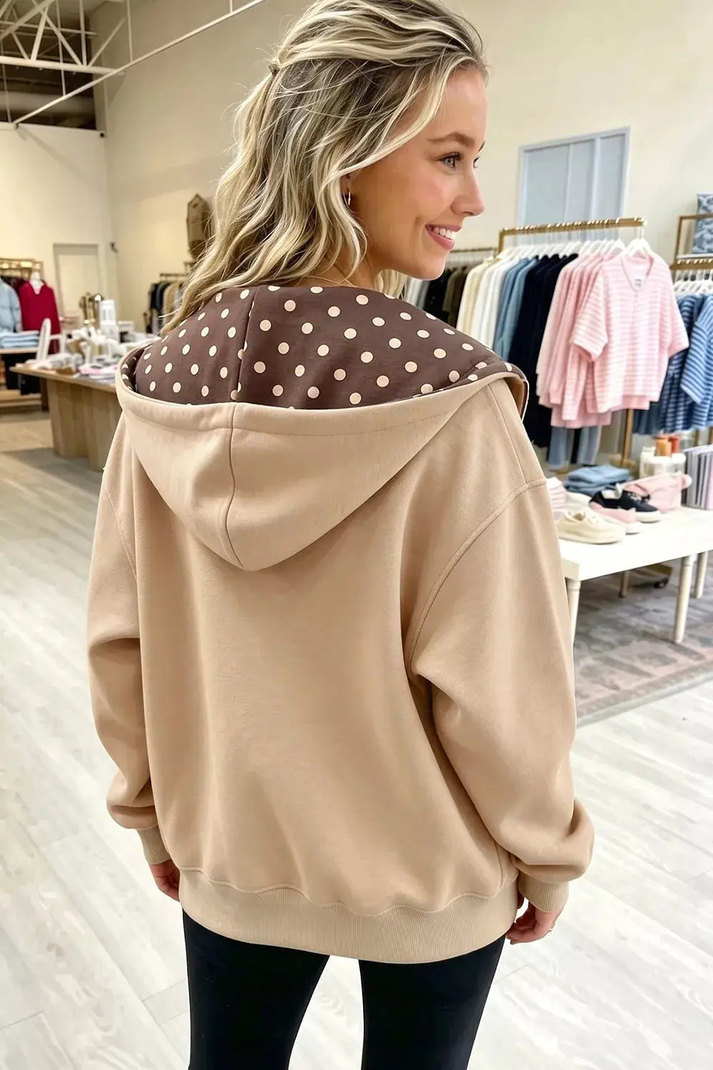 Polka Dot Zip-Up Hoodie by Trendsi