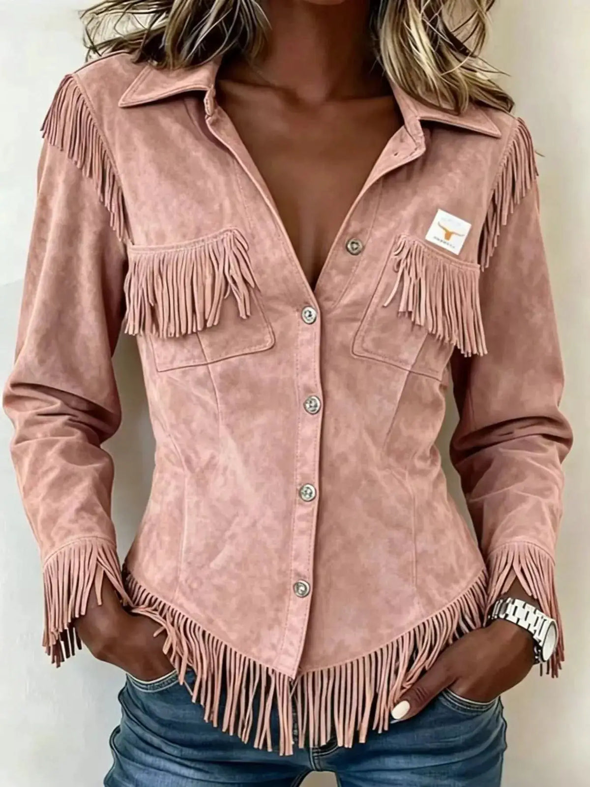 Full Size Fringed Snap Down Jacket Plus Size by Trendsi