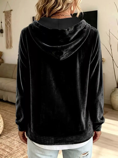 Full Size Drawstring Velvet Long Sleeve Hoodie Plus Size by Trendsi