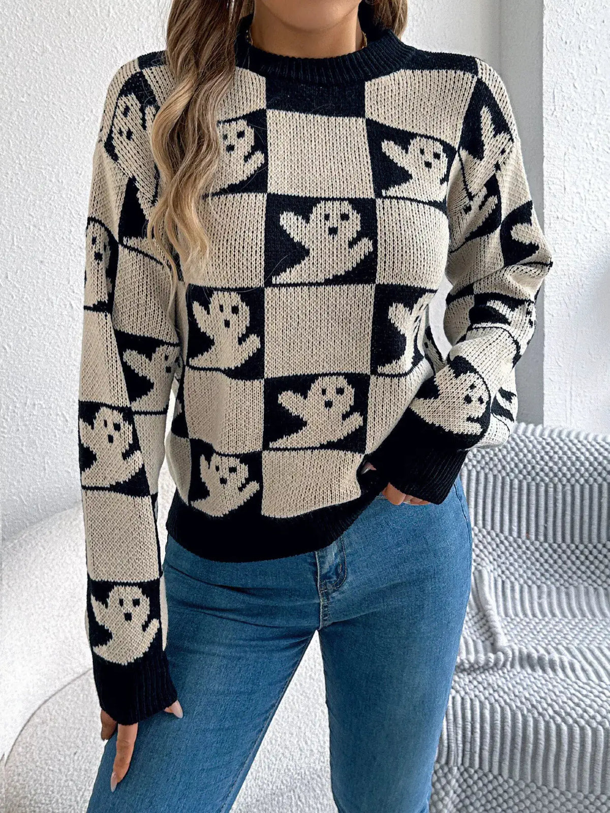 Checkerboard Halloween Graphic Sweater by Trendsi