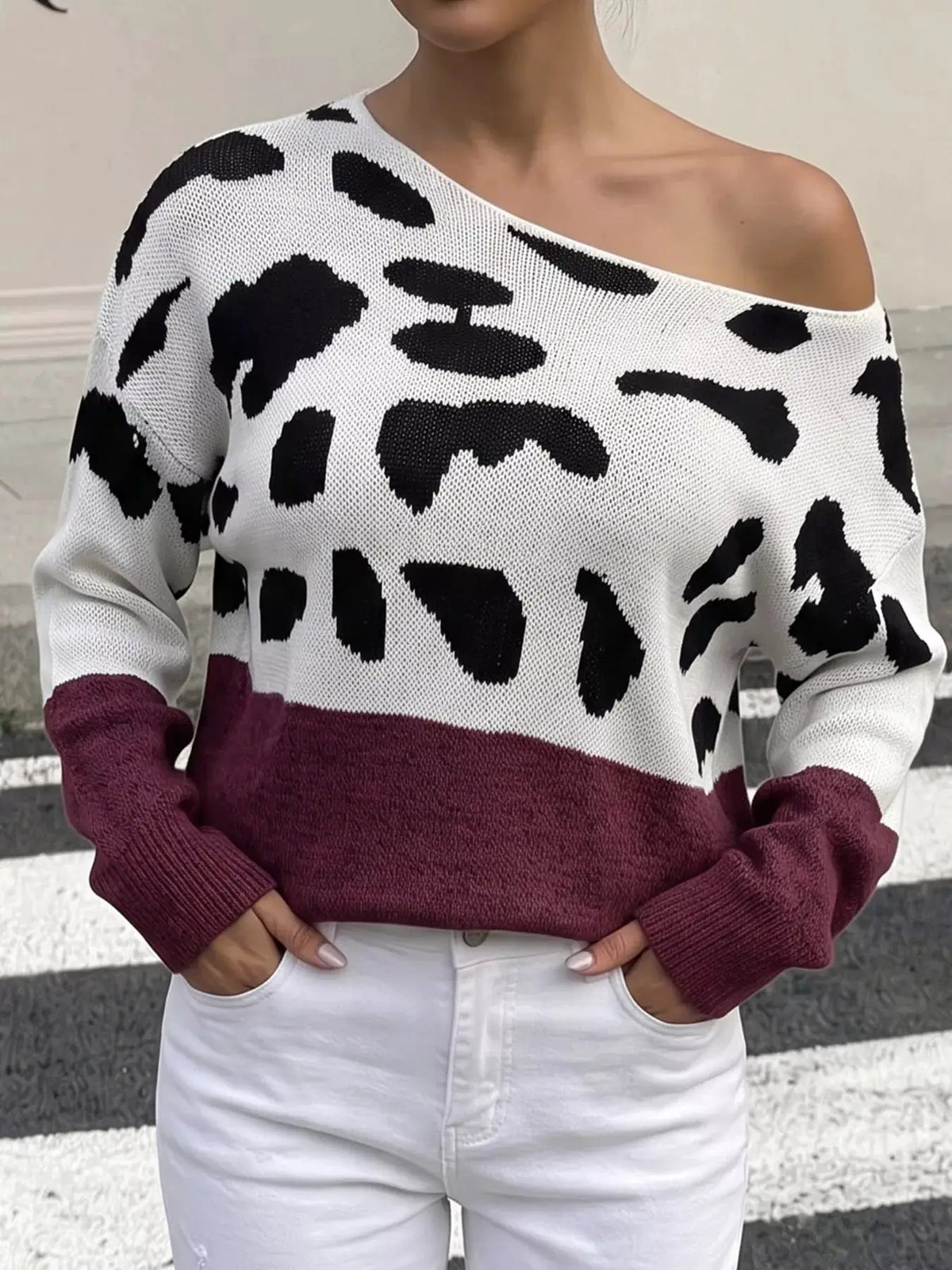Full Size Off-Shoulder Colorblock Animal Print Sweater Plus Size by Trendsi