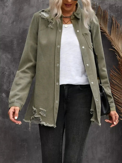 Raw Hem Distressed Denim Shirt Jacket by Trendsi