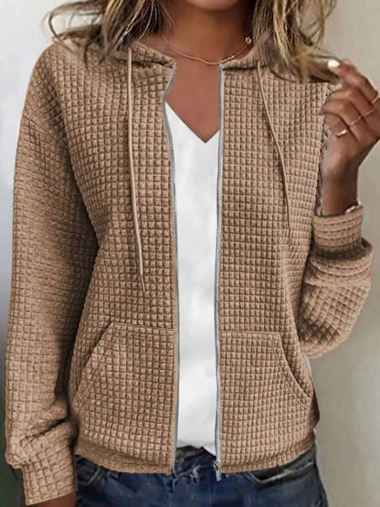 Waffle Knit Zip-Up Hoodie with Drawstring and Pockets by Trendsi