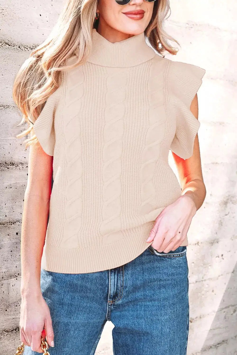 Cable Knit Turtleneck Ruffled Short Sleeve Sweater by Trendsi