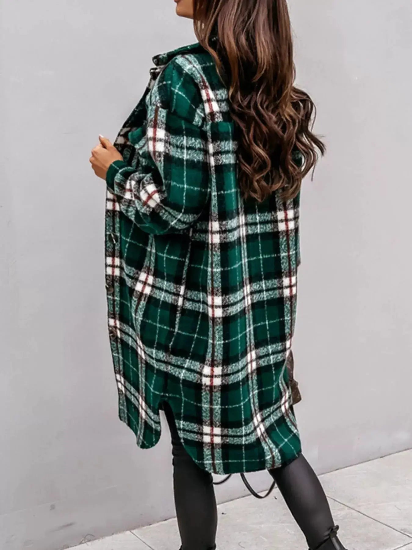 Longline Plaid Button Up Coat by Trendsi