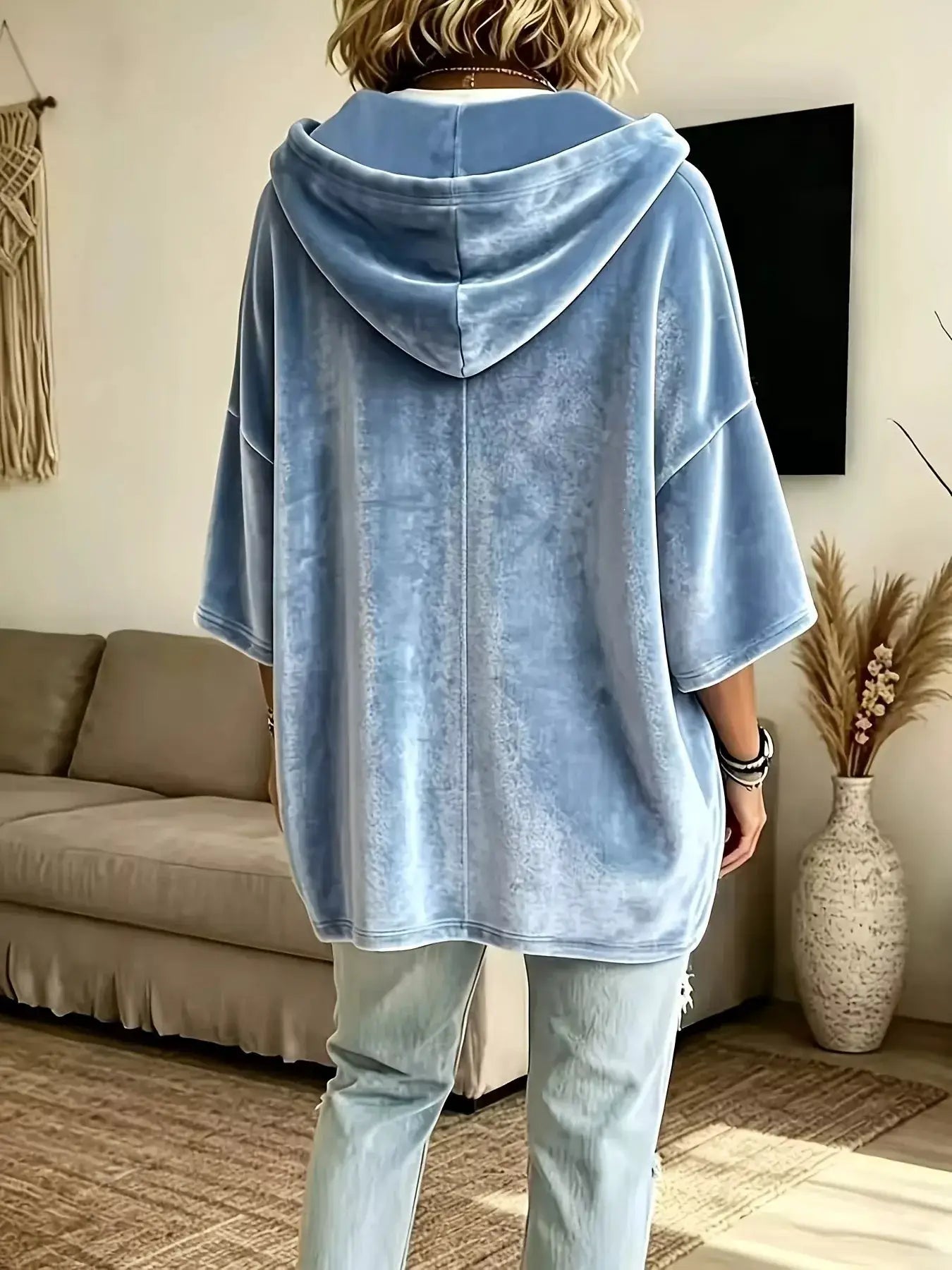 Full Size Velvet 3/4 Sleeve Hoodie with Kangaroo Pocket Plus Size by Trendsi