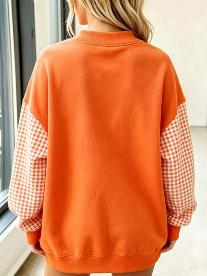 Gingham Sleeves Round Neck Sweatshirt by Trendsi