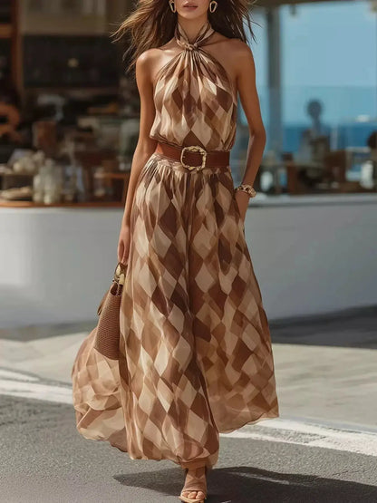 Diamond Pattern Halter Neck Maxi Dress by Trendsi