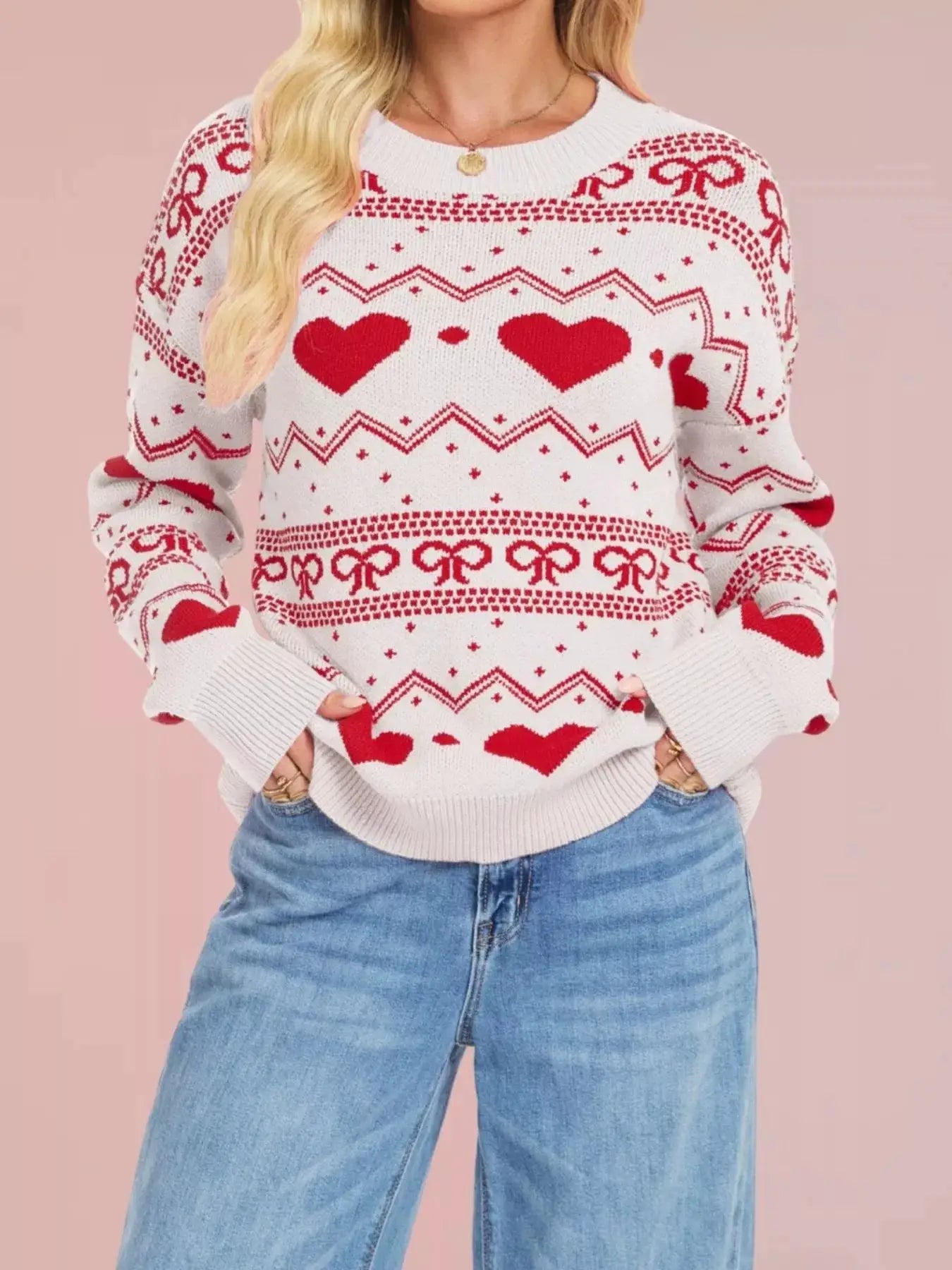 Heart Pattern Dropped Shoulder Sweater by Trendsi