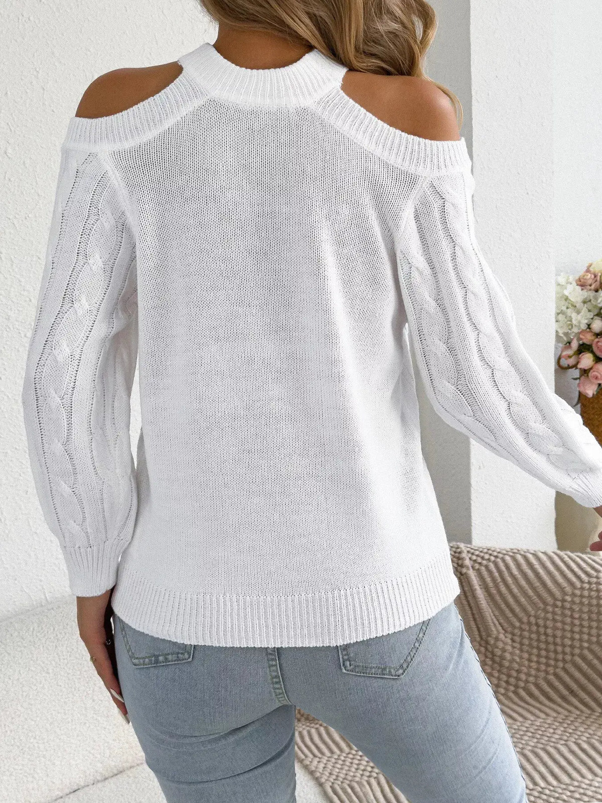 Cold Shoulder Cable Knit Sweater by Trendsi
