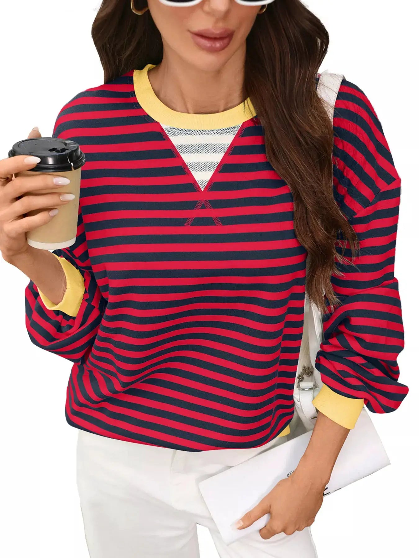 Contrast Trim Striped Crew Neck Sweatshirt by Trendsi