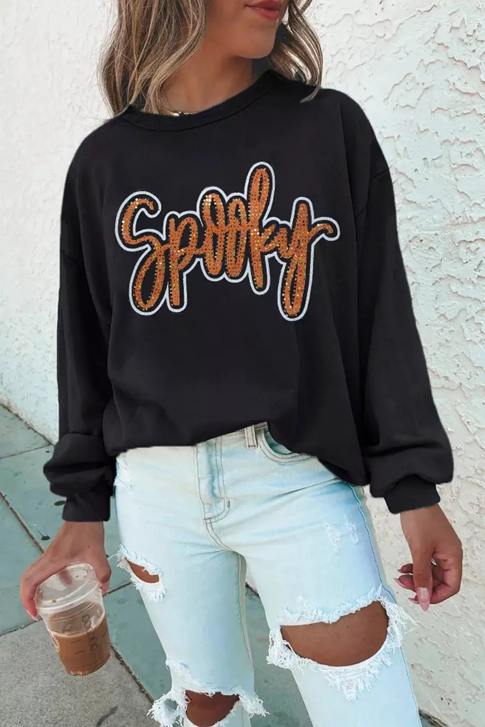 Spooky Rhinestone Drop Shoulder Sweatshirt by Trendsi