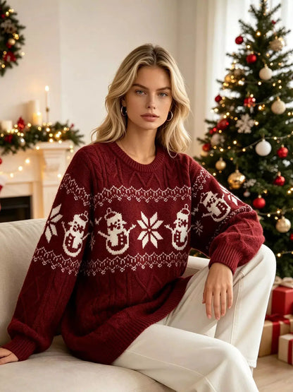 Christmas Snowman Pattern Cable Knit Sweater by Trendsi