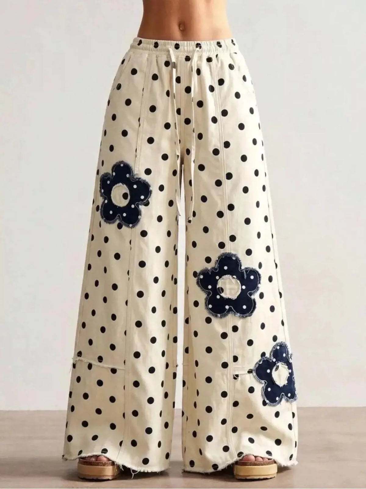 Floral Applique Polka Dot Wide-Leg Jeans by Trendsi