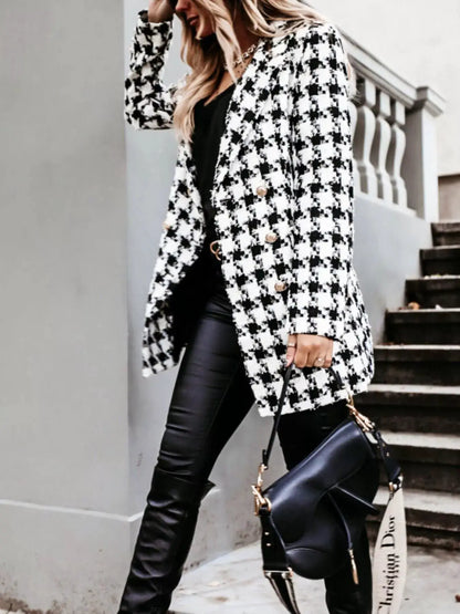 Plaid Tweed Double-Breasted Coat by Trendsi